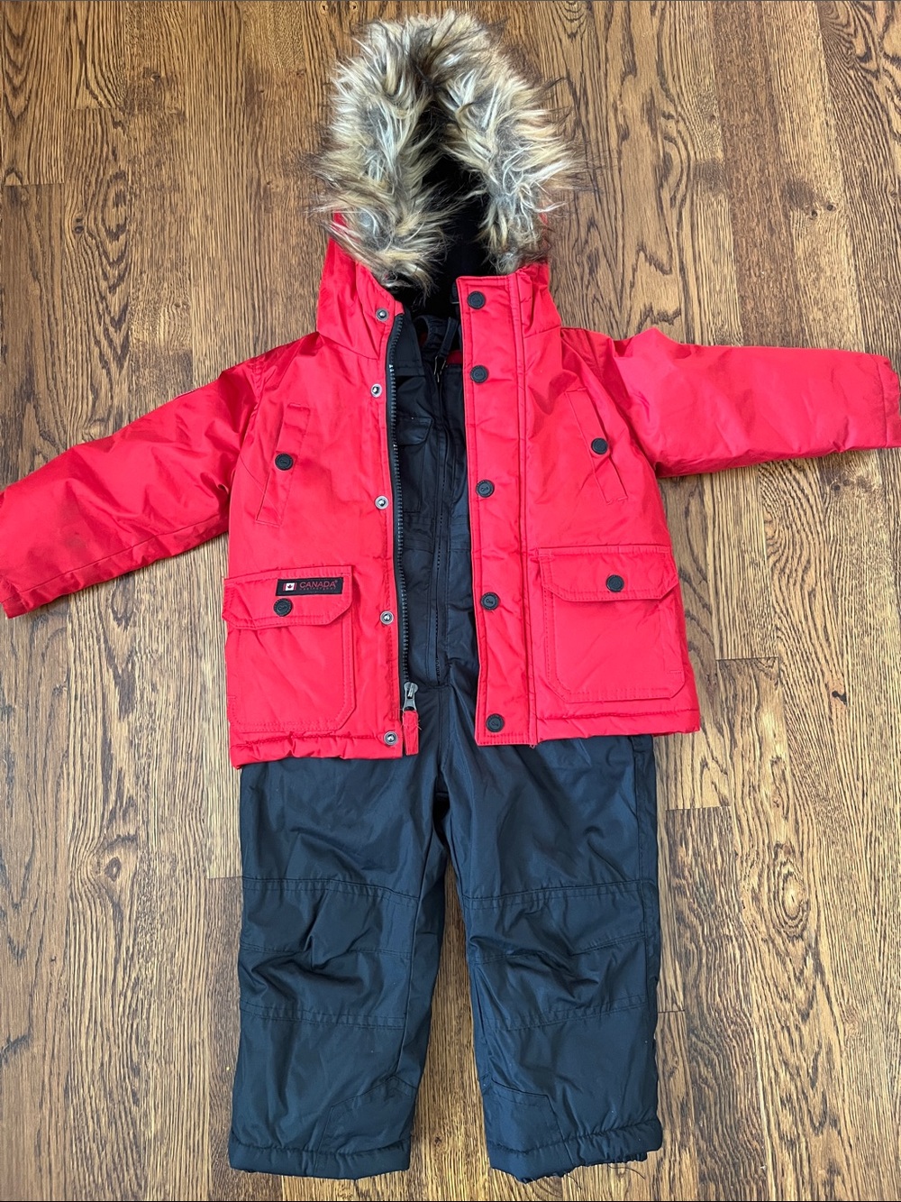 Unisex Canada Goose Kids Red Winter Jacket & Black Snow Pants Set size 2T